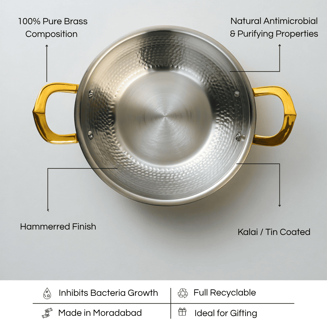 Parampara Brass Kadai with Lid, Flat Bottom, Hammered, 3 Litre