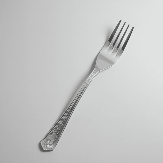 Set of 6 Kishco stainless steel dinner forks from the Festival collection, featuring ornate English handle detailing.