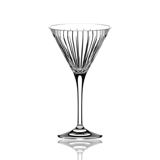 Single RCR Timeless cocktail martini glass on a white background showcasing its classic faceted design and slender stem