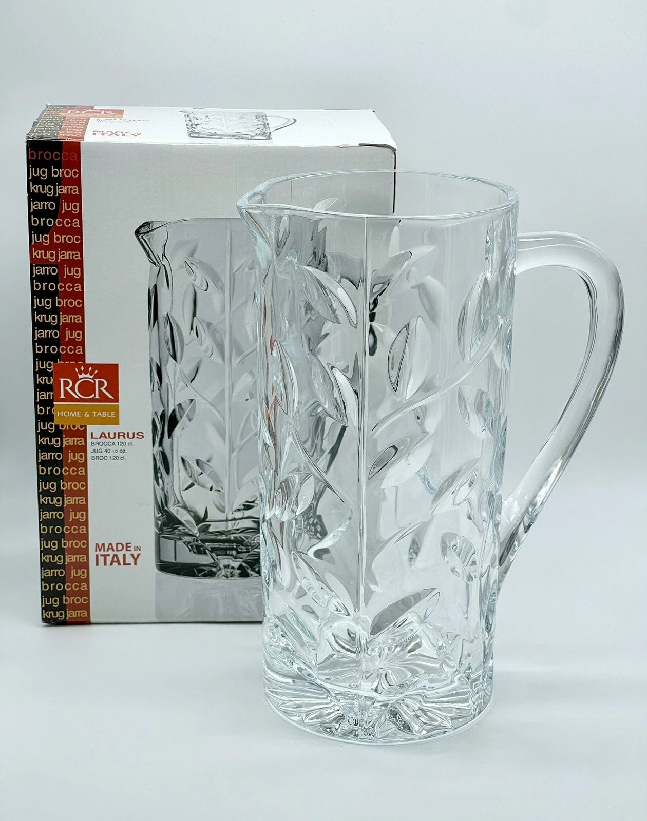RCR Laurus Crystal Water Jug, 1.2 litre diplayed along with the box packaging