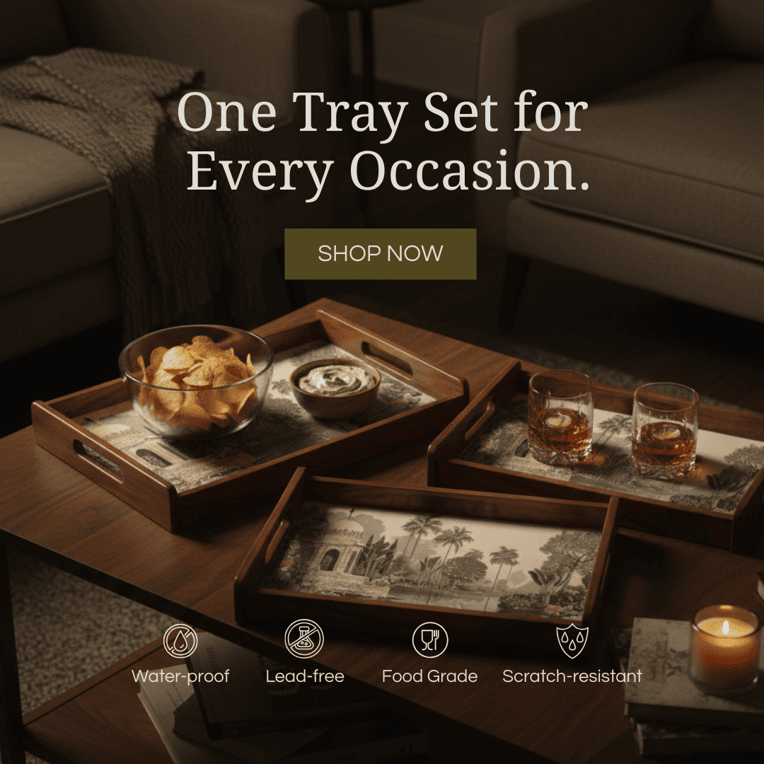 Majestic Heron Wooden Serving Tray, Set of 2, Premium Teak Wood