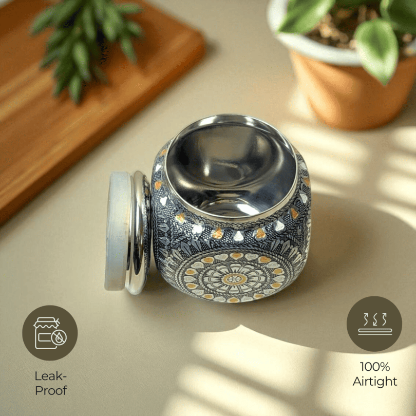 Antique Imperial Box Stainless Steel Jar with leak-proof airtight lid and intricate decorative design