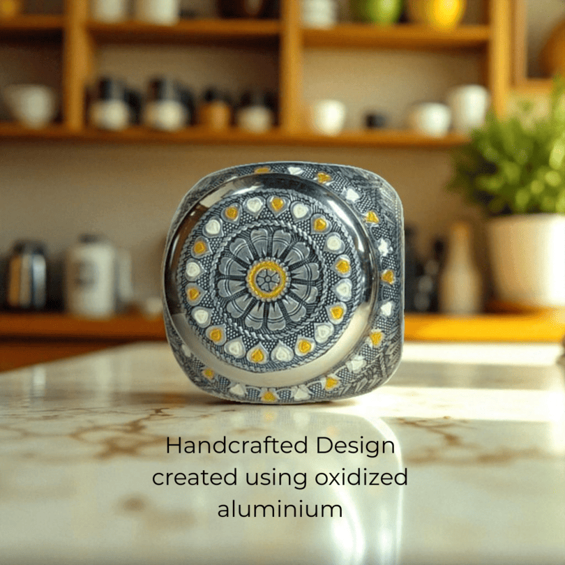 Antique Imperial Box Stainless Steel Jar with handcrafted oxidized aluminum design from Mirror