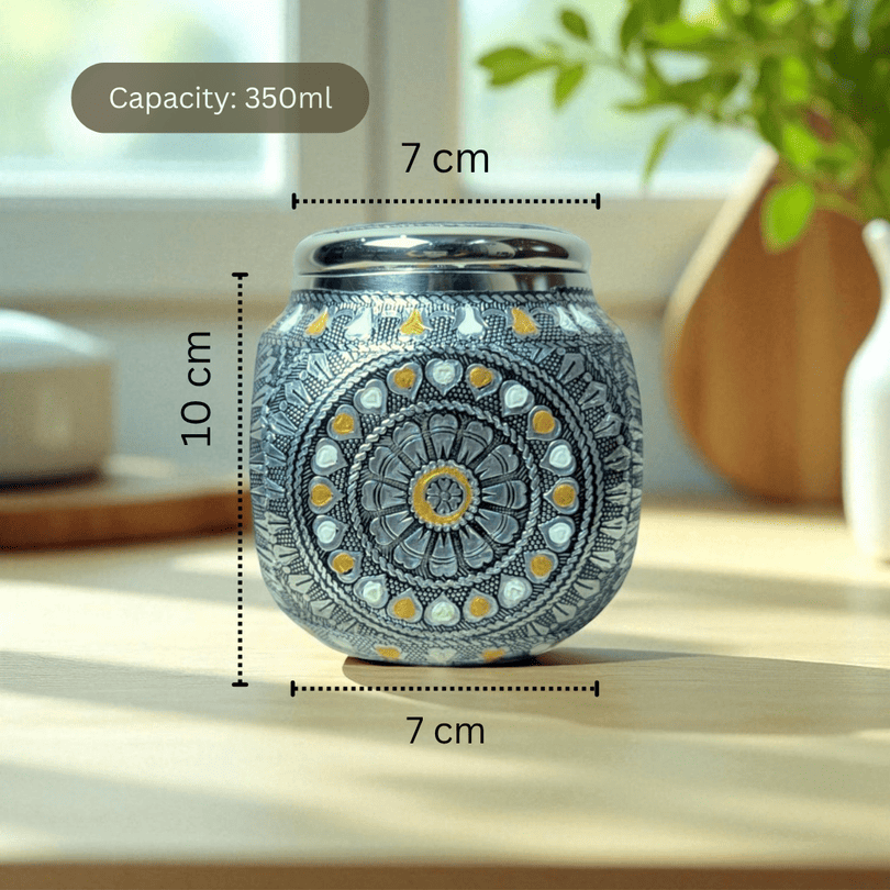 Antique Imperial Box Stainless Steel Jar by Mirror with intricate floral design and 350ml capacity