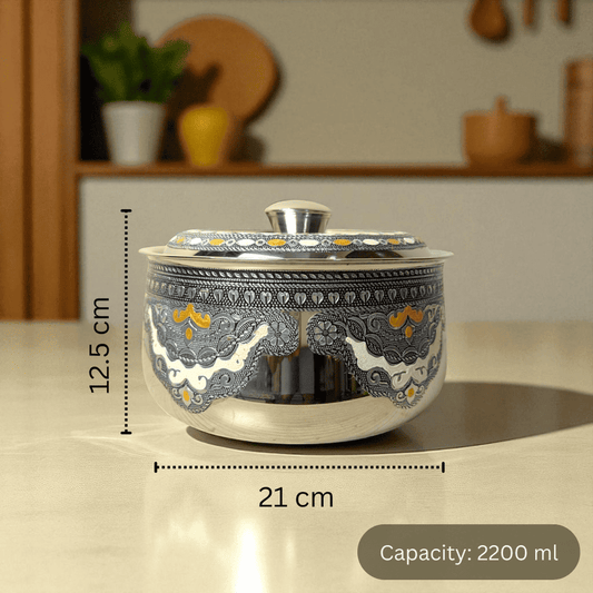 Mirror Antique Stainless Steel Casserole 2.2 litre with decorative patterns and lid