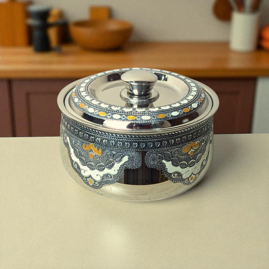 Mirror Antique Stainless Steel Casserole 3 litre with decorative embossed design and lid on kitchen counter