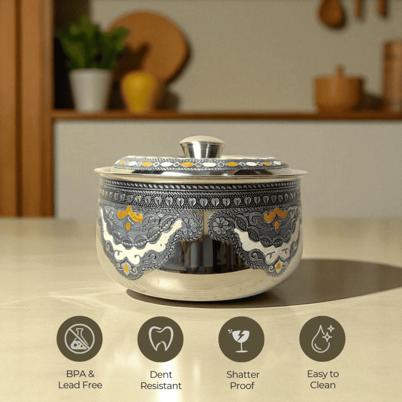 Mirror Antique Stainless Steel Casserole with decorative black and gold pattern, dent resistant and easy to clean