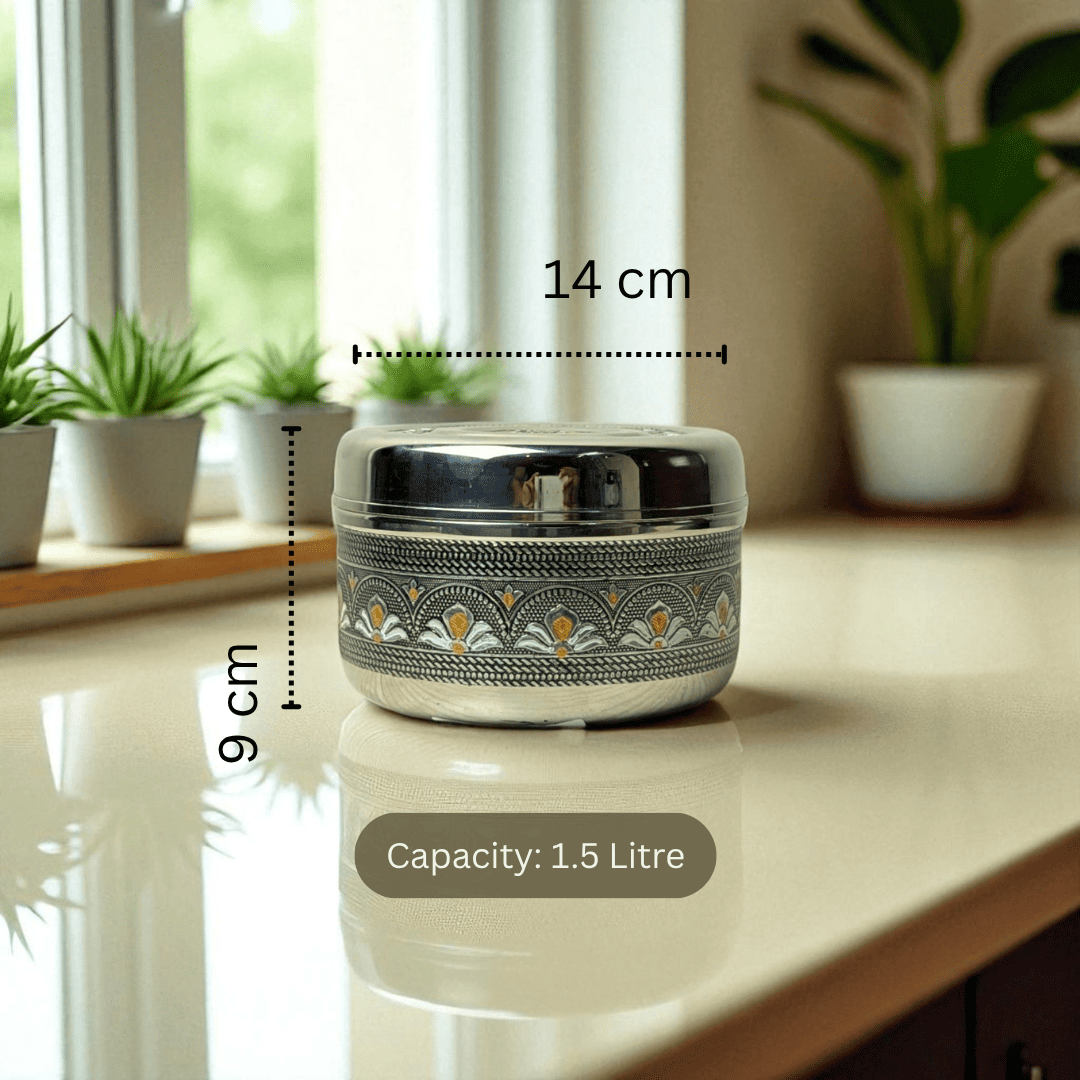 Mirror Antique Stainless Steel Half Dabba 1.5L with intricate traditional design and 1.5 liter capacity
