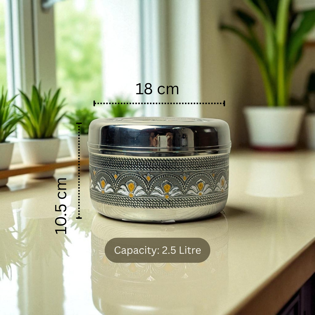 Mirror Antique Stainless Steel Half Dabba 2.5 litre with intricate floral pattern and polished finish