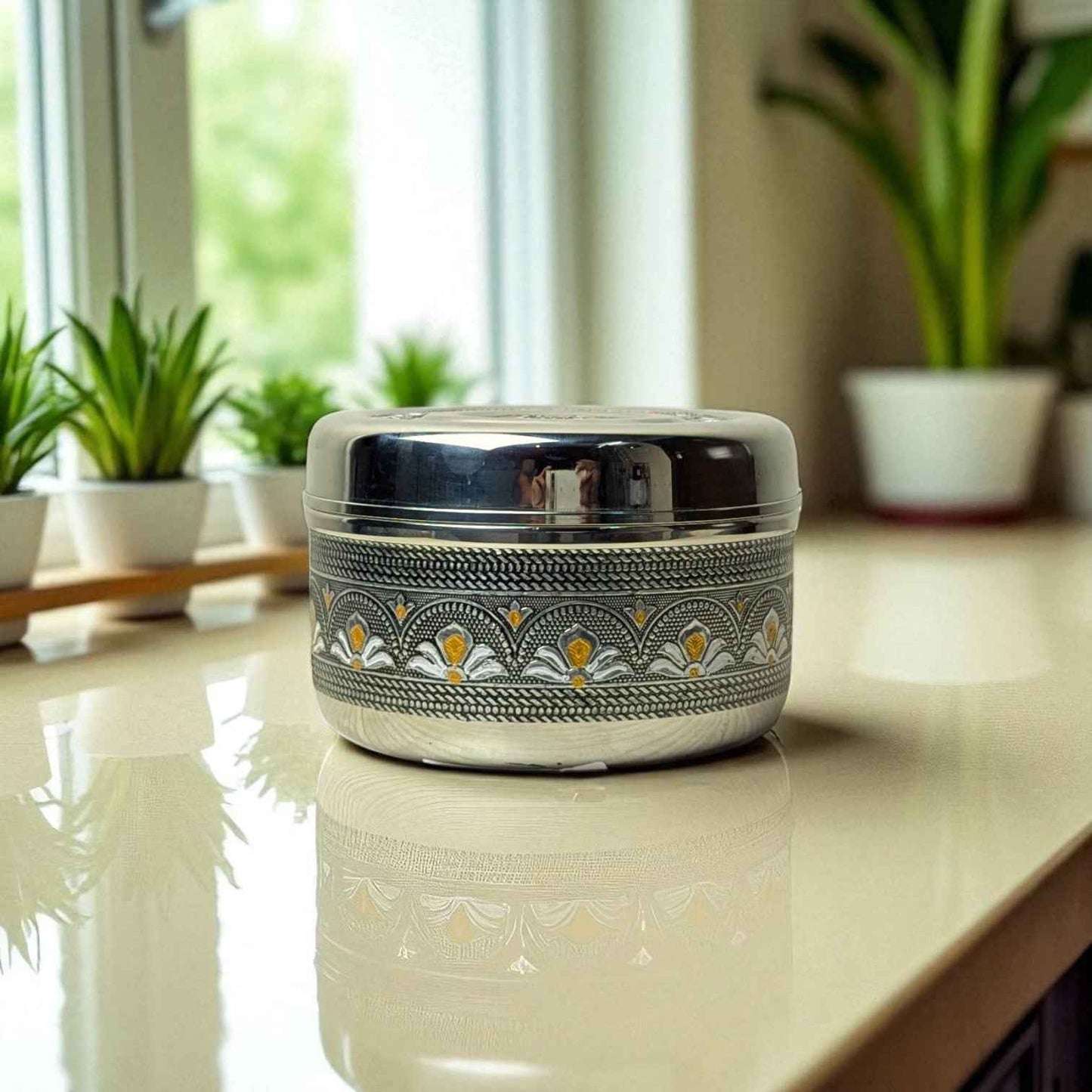 Mirror Antique Stainless Steel Half Dabba 2.5 litre with decorative engraved design on countertop