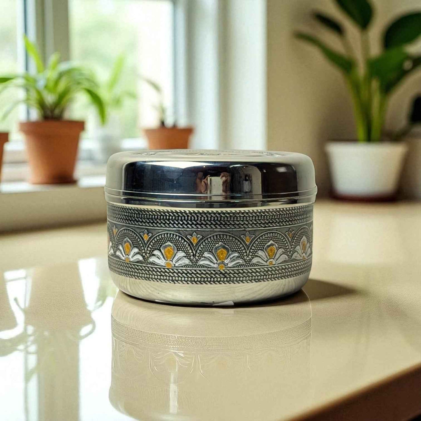 Mirror Antique Stainless Steel Half Dabba 3 litre with intricate floral design on shiny metal surface