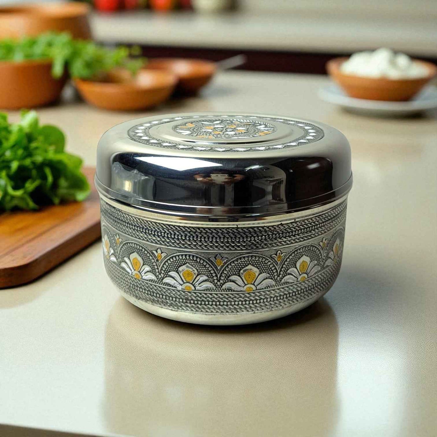 Antique Stainless Steel Half Dabba 3 litre by Mirror with intricate floral design and polished finish