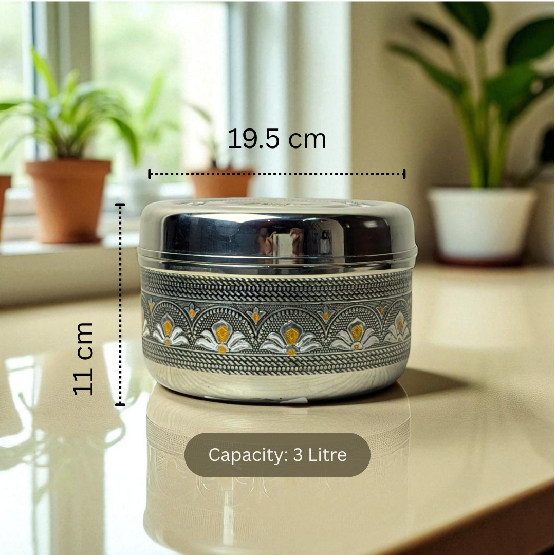 Mirror Antique Stainless Steel Half Dabba 3 litre with decorative floral pattern and 3 litre capacity