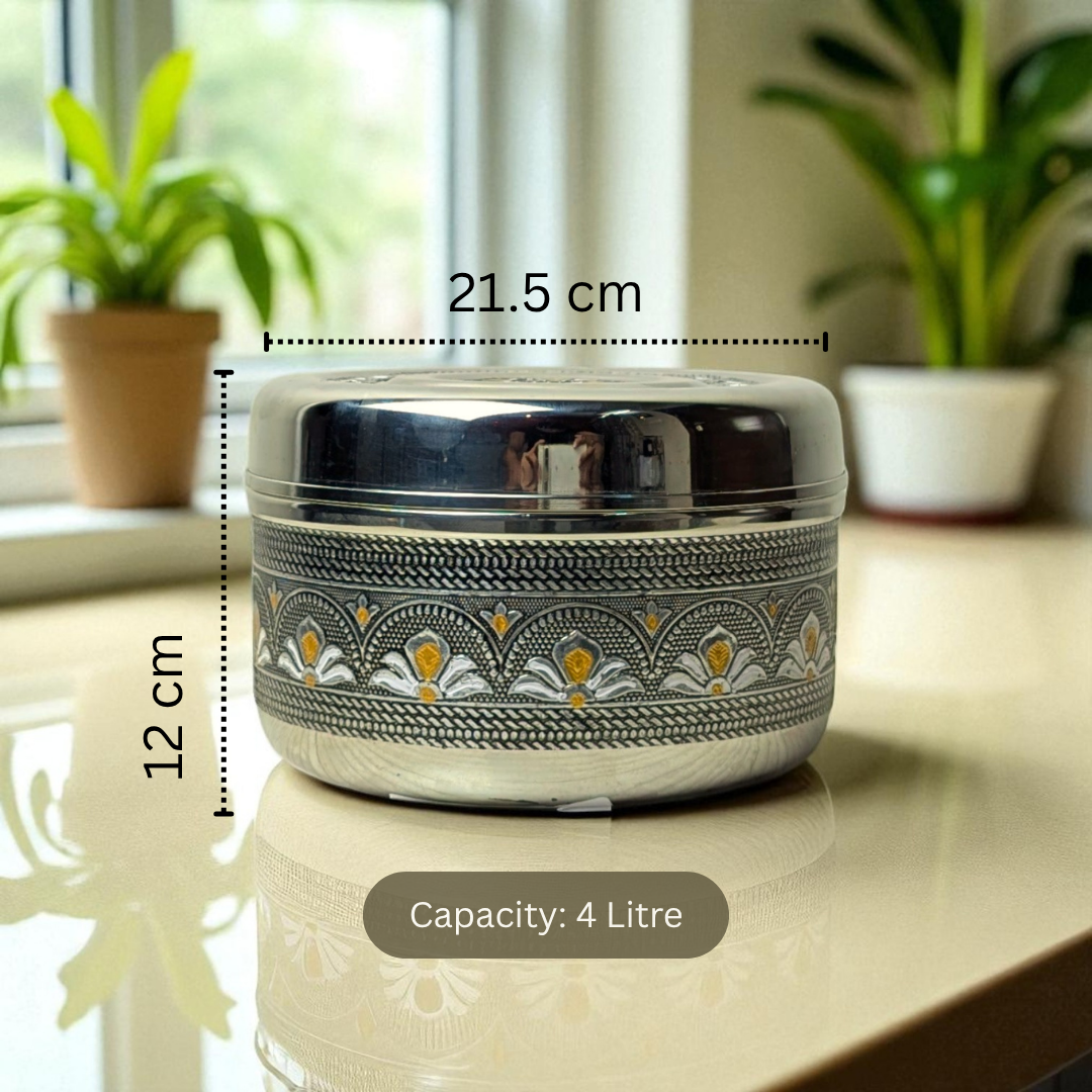 Mirror Antique Stainless Steel Half Dabba 4 litre with intricate floral design and 4 litre capacity