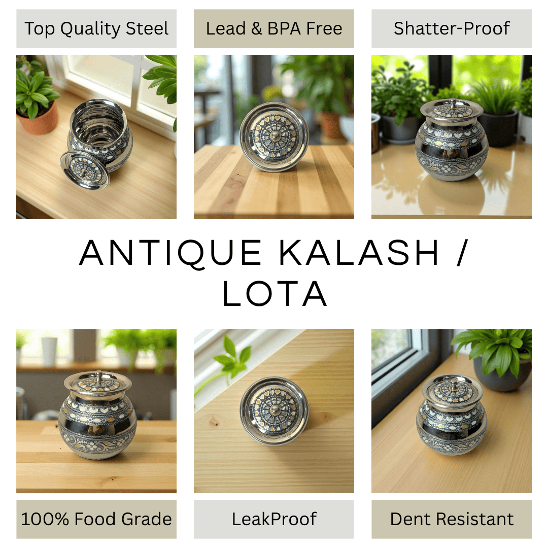 Antique Stainless Steel Lota by Mirror with intricate design, leakproof, dent resistant, and food grade quality