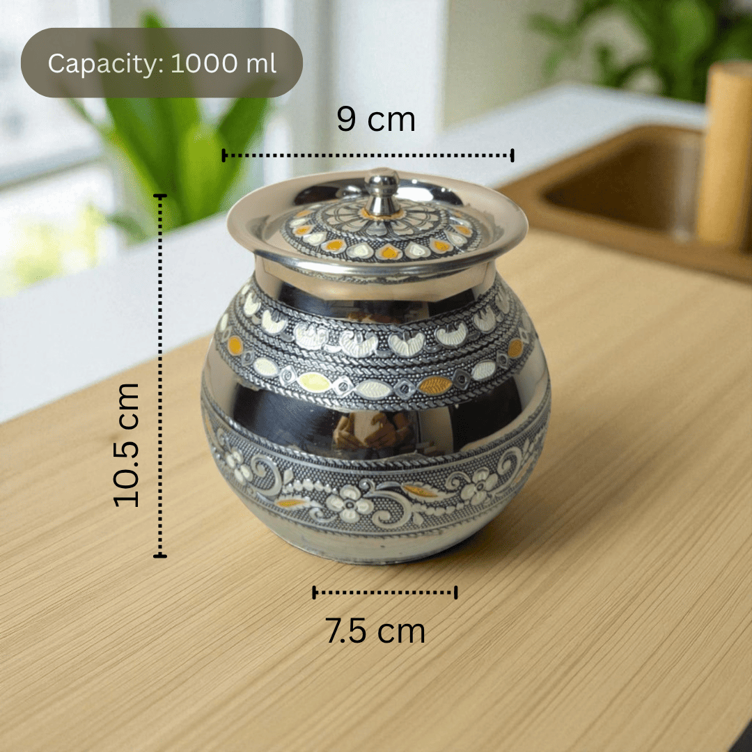 Antique Stainless Steel Lota by Mirror with 1000 ml capacity and intricate decorative design