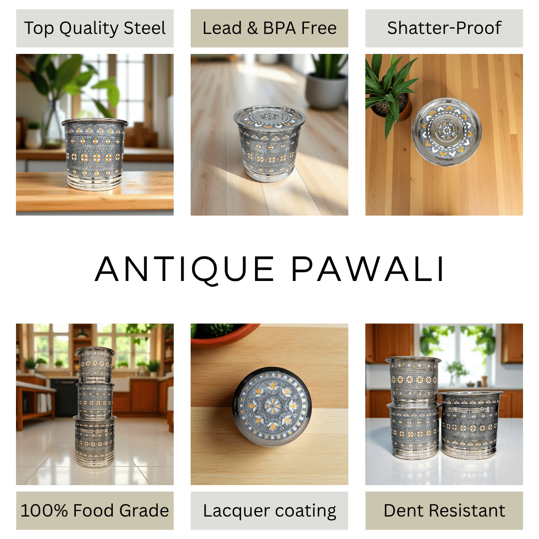 Antique Stainless Steel Pawali with intricate design stainless steel food container