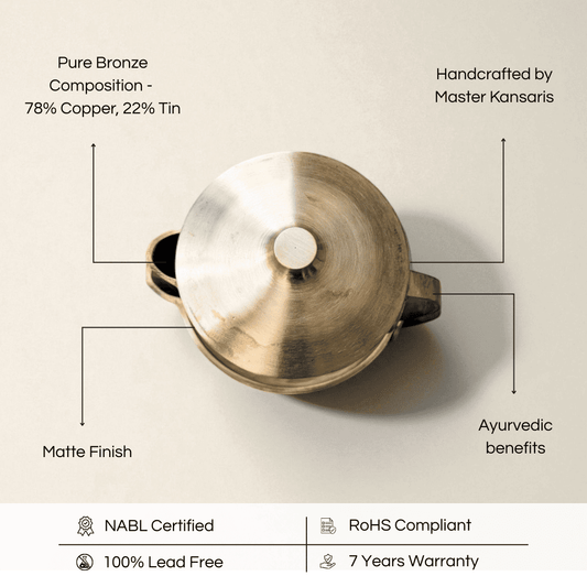 Bronze Kansa jug damru shape 1500ml with matte finish and Ayurvedic benefits, handcrafted by Master Kansaris
