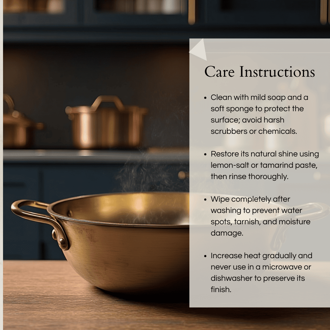 Kansyam Bronze Kansa Kadai handles with care instructions for maintenance and usage