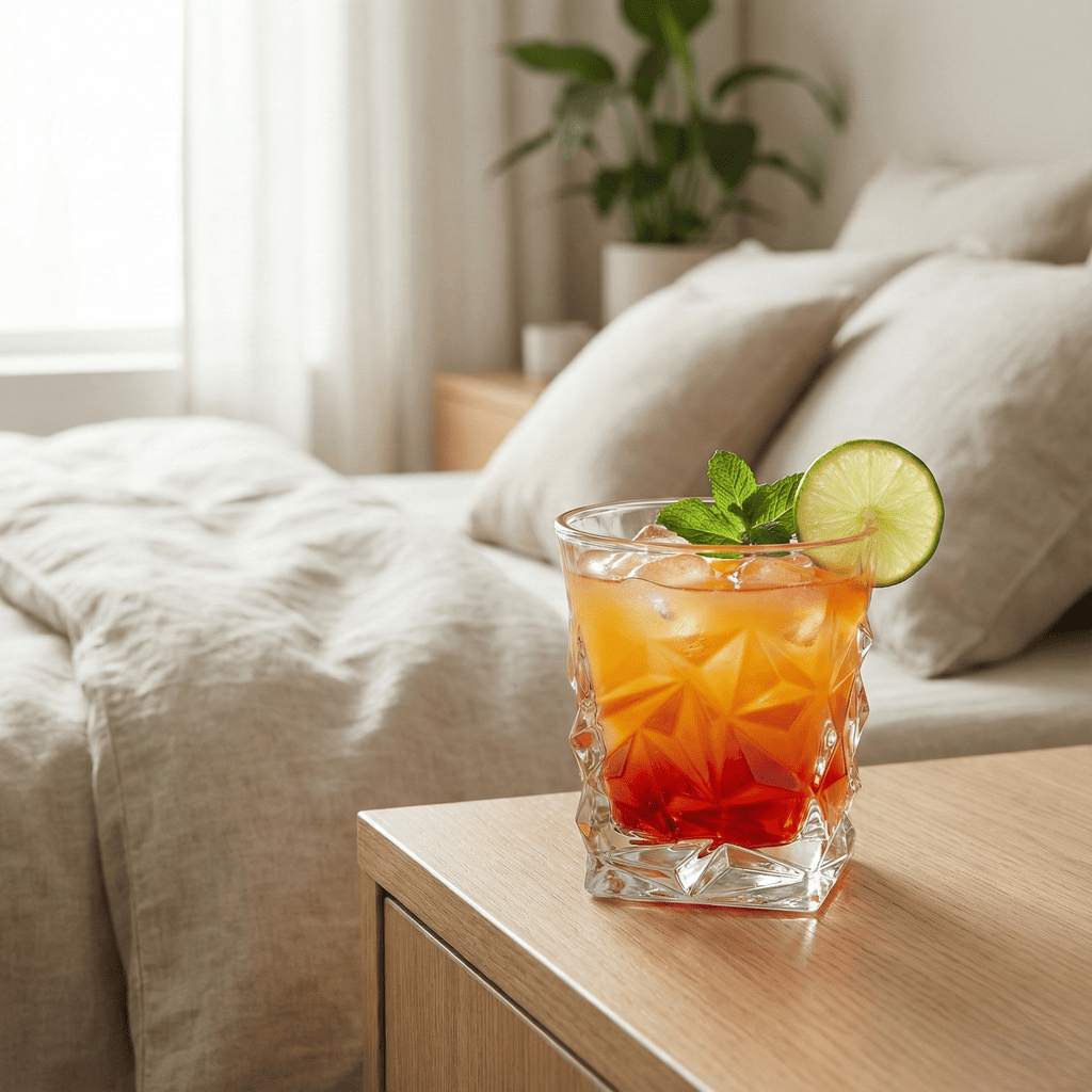 Celestial Astra Premium Whiskey glasses showcasing a cocktail with lime and mint on a bedside table