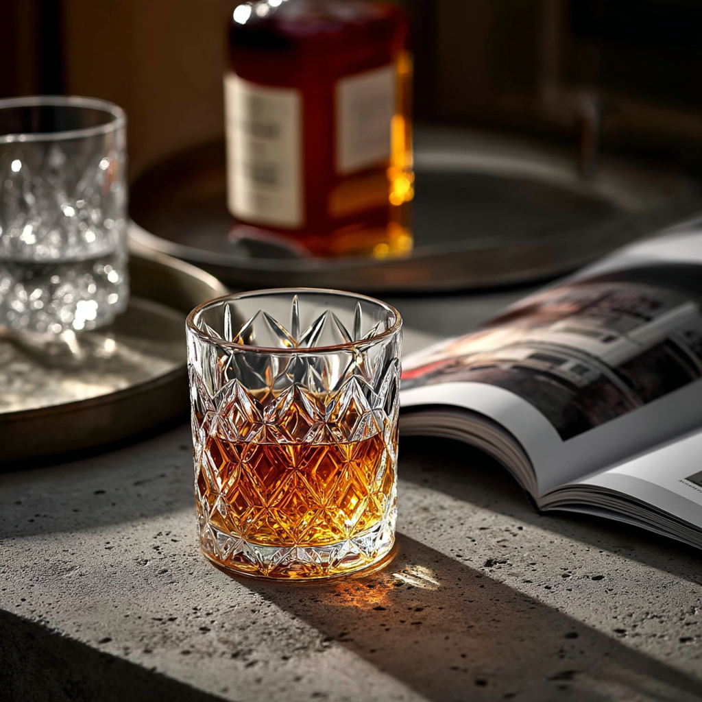 Classic Diamond Whiskey Glasses Set of 6 300ml filled with amber whiskey on a modern table
