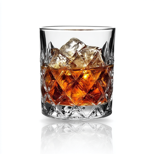 Classic Diamond Whiskey Glasses Set of 6 300ml by CarryHome with whiskey and ice cubes
