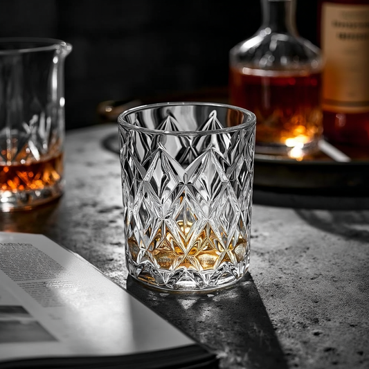 Classic Diamond Whiskey Glasses Set of 6 300ml by CarryHome with elegant diamond pattern filled with whiskey on table