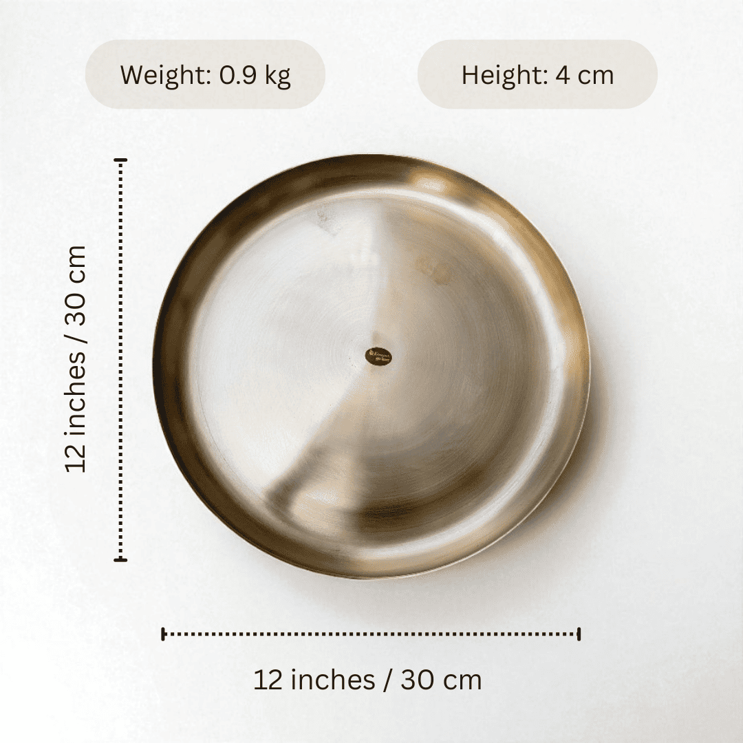 Elegant curve kansa thali by Kansyam, 12 inches in diameter, perfect for serving traditional meals