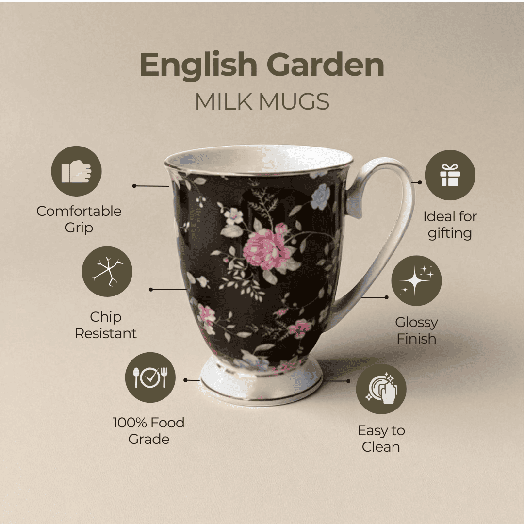 English Garden Milk Mug Ebon Garden with floral pattern, comfortable grip, chip resistant, and glossy finish