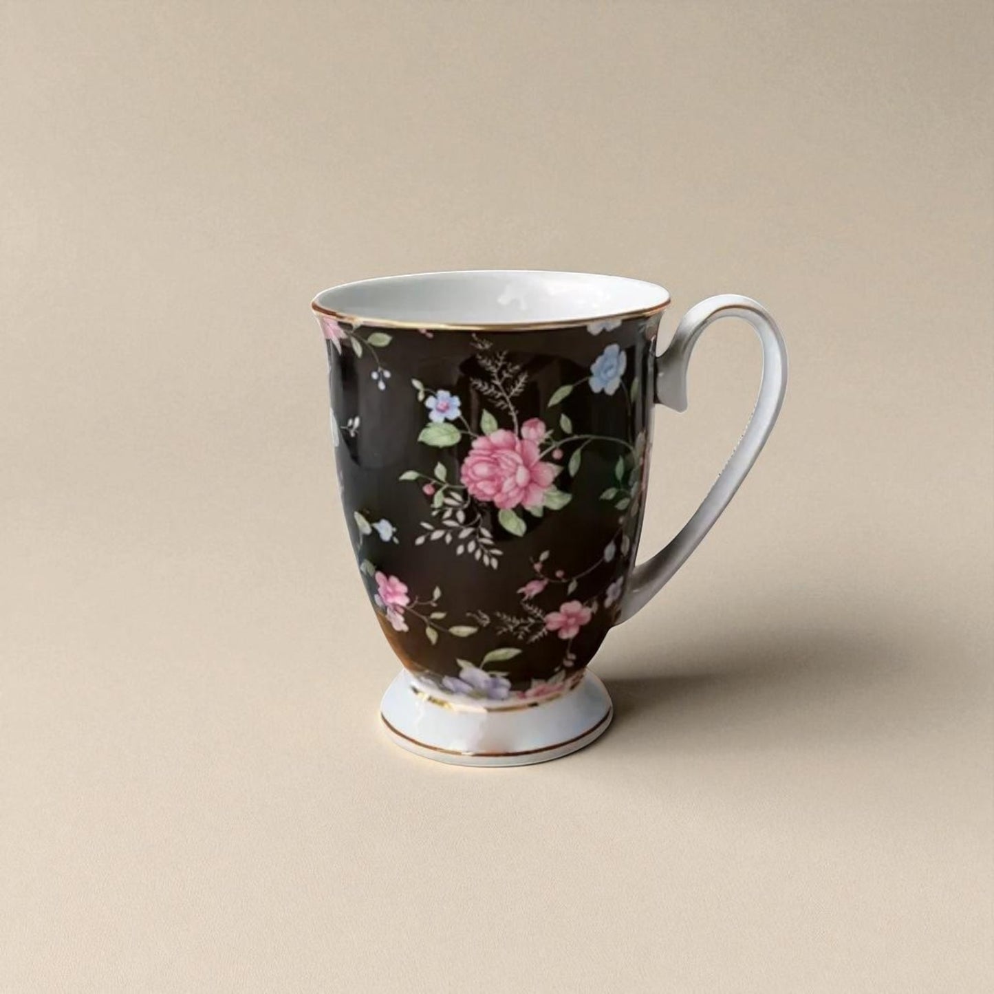 English Garden Milk Mug Ebon Garden with black background and pink floral design