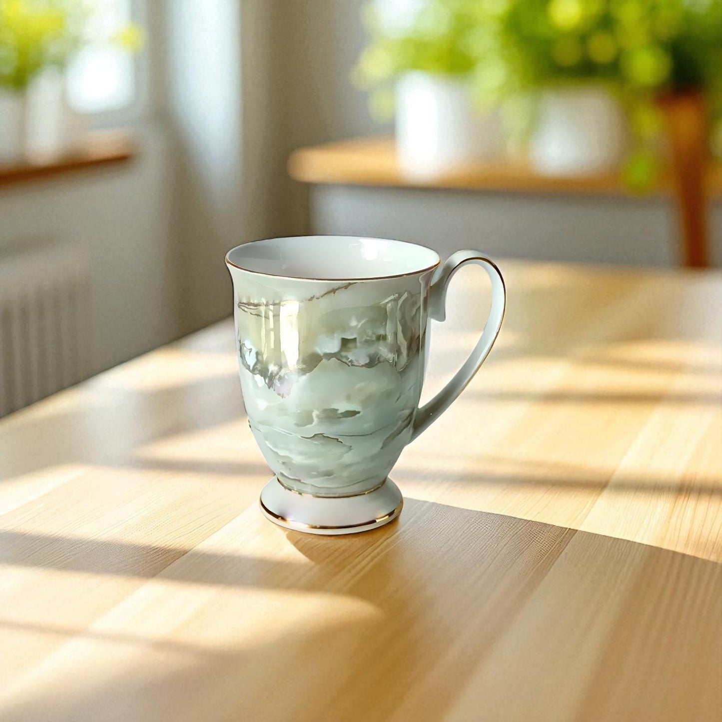English Garden Milk Mug Aurora with elegant green and white marbled design placed on wooden table