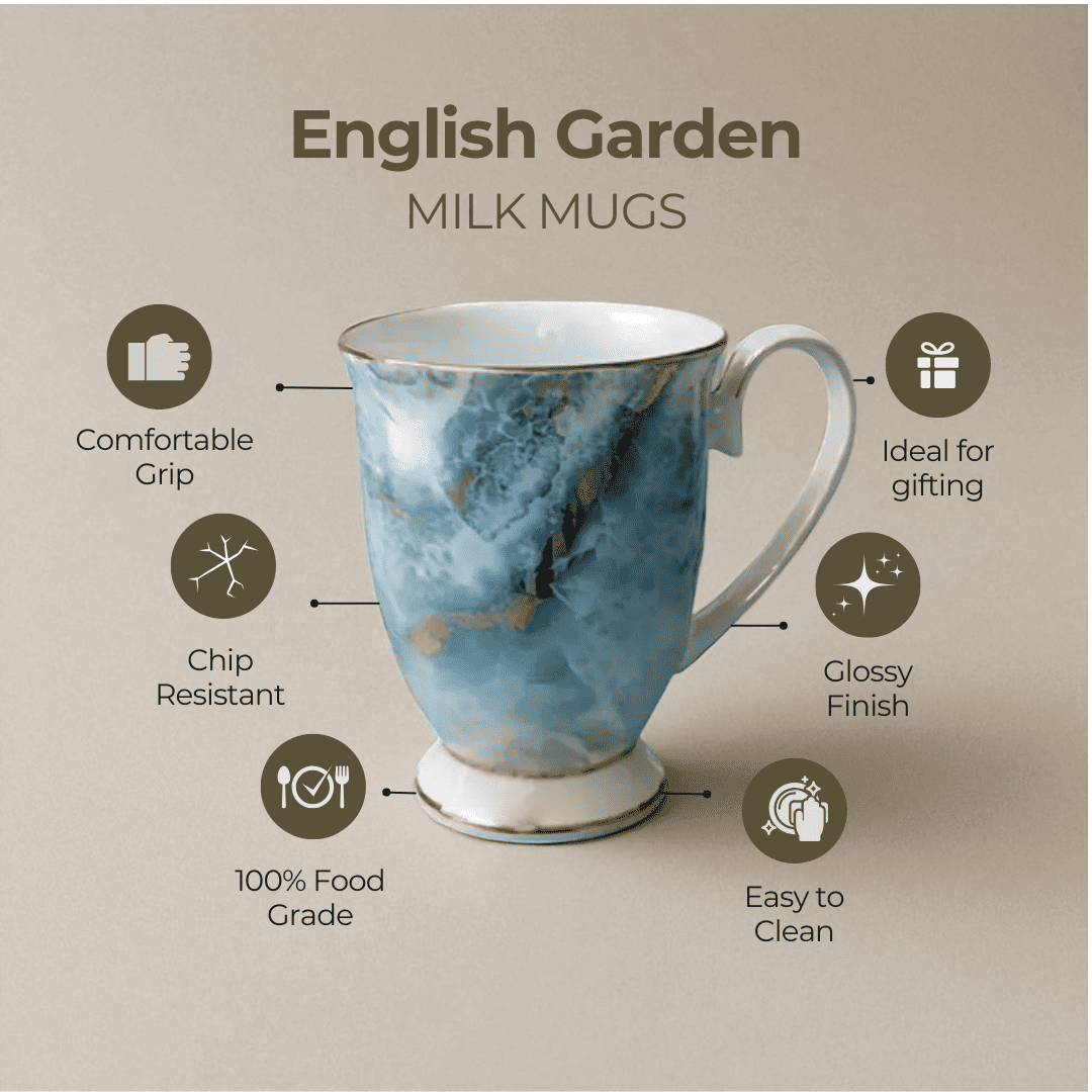 English Garden Milk Mug Autumn Tides with blue marble design and comfortable grip, chip resistant and glossy finish