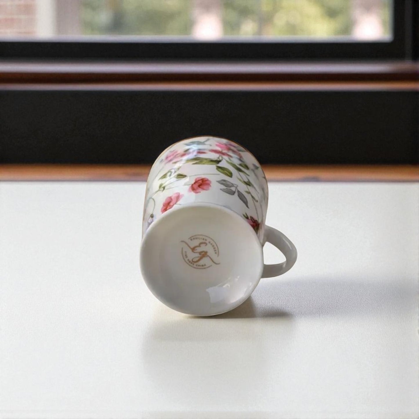 English Garden Milk Mug Floral Heirloom with delicate pink and green floral pattern on white ceramic
