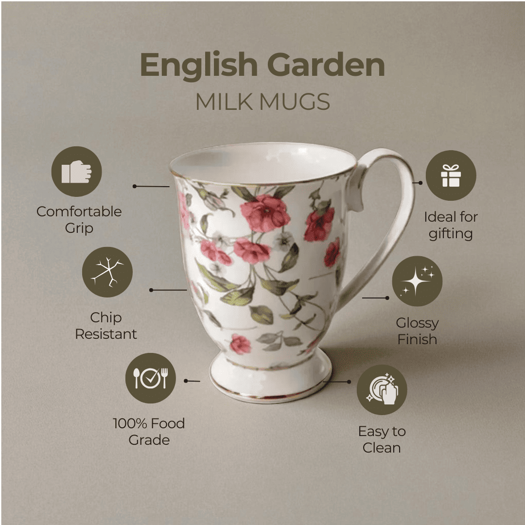 English Garden Milk Mug Floral Heirloom with pink floral design chip resistant and easy to clean