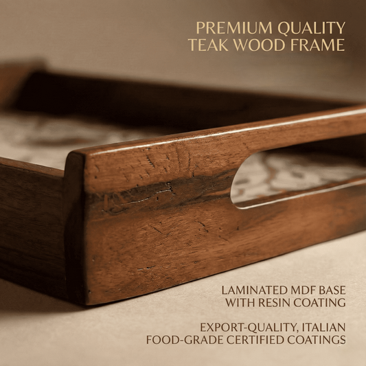 Gardenia Wooden Serving Tray Set of 2 Premium Teak Wood with Laminated MDF Base and Resin Coating