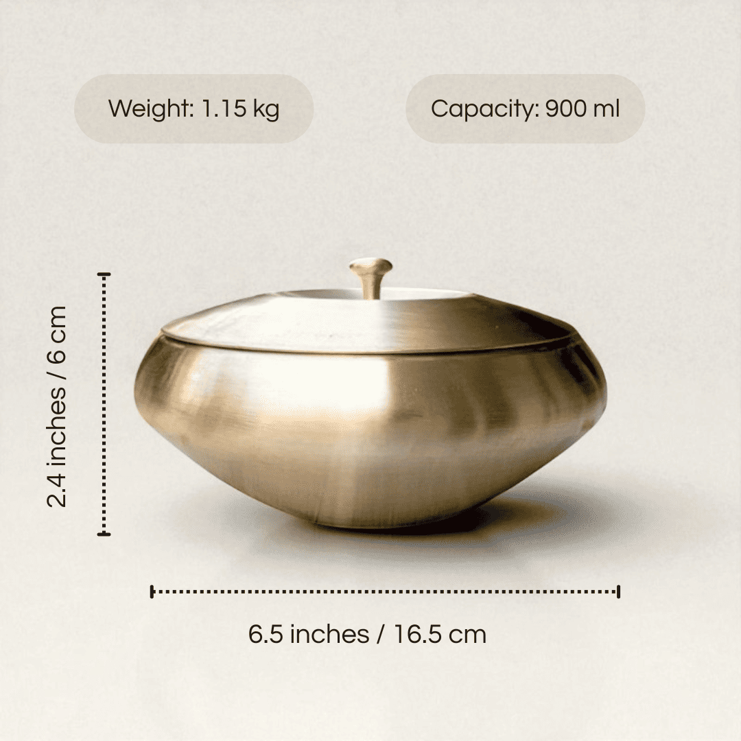Kansa handi apple shape 900ml in bronze with lid, perfect for cooking and serving