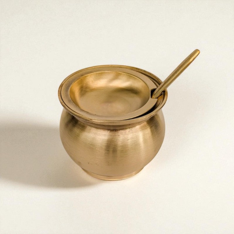 Kansa Oil / Ghee Loti with Lid & Spoon, Matte finish, 220 ml