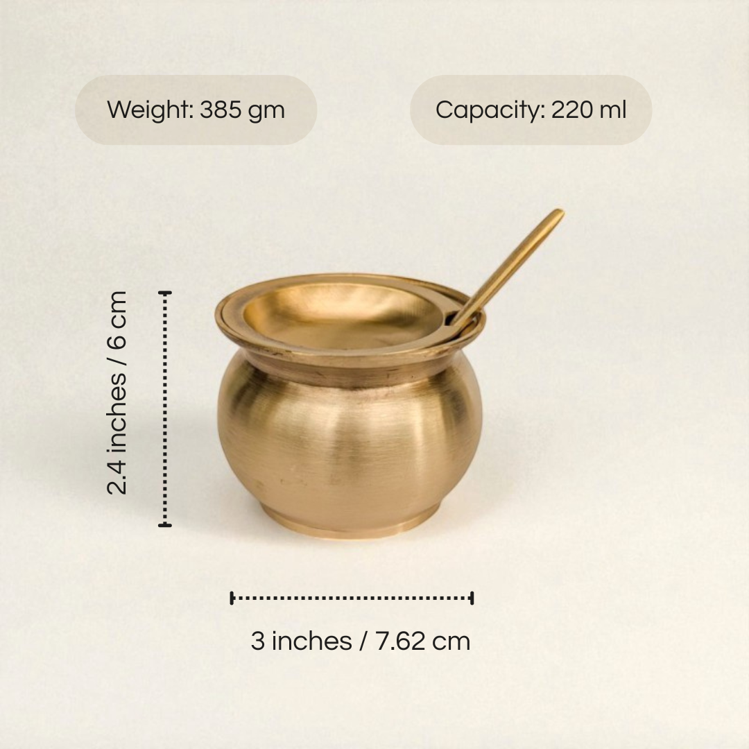 Kansa Oil / Ghee Loti with Lid & Spoon, Matte finish, 220 ml
