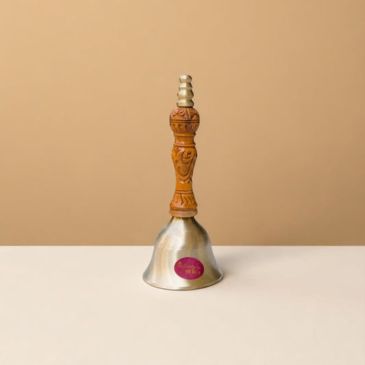 Kansyam Pooja Ghanti 5 and a half inch bronze hand bell with wooden carved handle