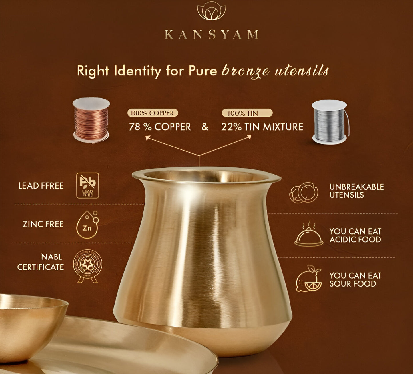 Kansyam pure bronze tope patila 750ml showcasing lead-free and unbreakable construction with zinc certification