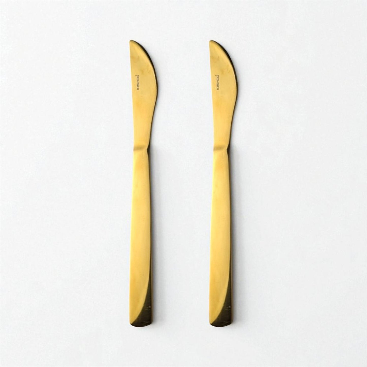 Two Kishco Cutlery Gold PVD Dinner Knife set with sleek gold finish and modern design
