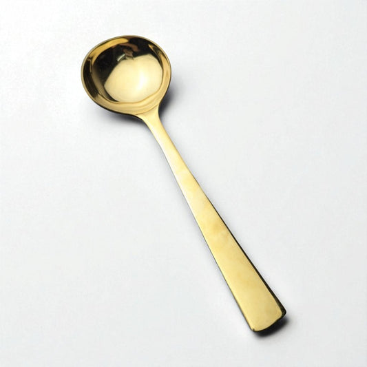 Kishco Cutlery Gold PVD Gravy Ladle with a polished gold finish and long handle for easy serving