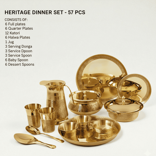 Lily Brass Dinner Set 57 pcs, Heritage - 18 Plates, 12 Bowls, 6 Glasses, 1 jug, 4 Serving Bowls, 4 Serving Spoons, 12 Spoons