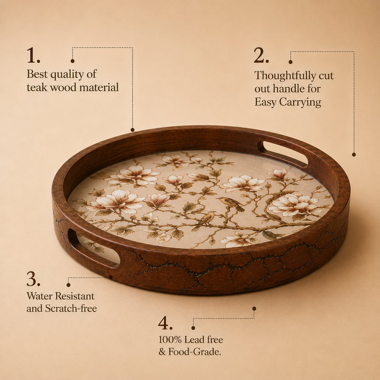 Magnolia Wooden Serving Tray, Round - Features
