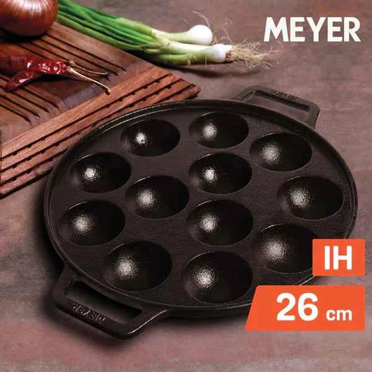 Meyer Cast Iron Appam Pan 26 cm with twelve round molds for traditional Indian cooking