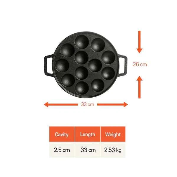 Meyer Cast Iron Appam Pan 12 cavity black pan with handles 33 cm length and 26 cm width