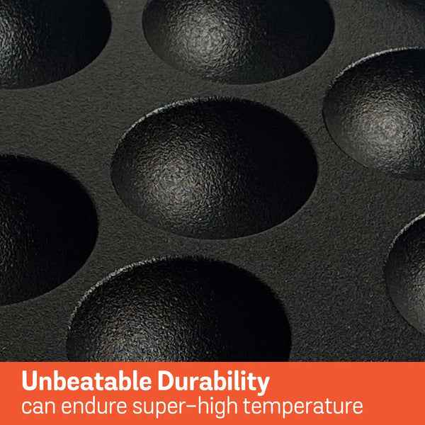 Close-up of Meyer Cast Iron Appam Pan with deep circular molds showing durable cast iron texture