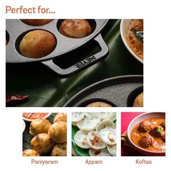 Meyer Cast Iron Appam Pan with multiple round molds cooking appam paniyaram and koftas