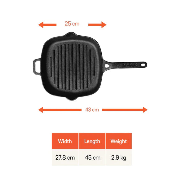 Meyer Cast Iron Grill Pan black square with ridges and handle showing dimensions and weight