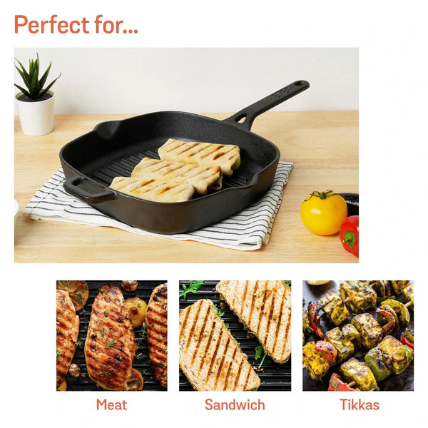 Meyer Cast Iron Grill Pan with grilled sandwiches on a striped cloth showcasing perfect grilling for meat, sandwiches, and tikkas